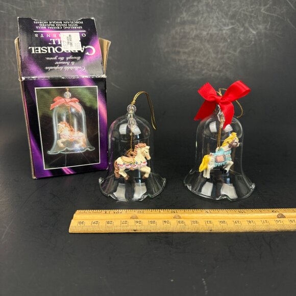 Vtg 2 Carrousel Bell Ornaments Bell Decorative Clear Glass 1 w Orig Box READ - Picture 1 of 11